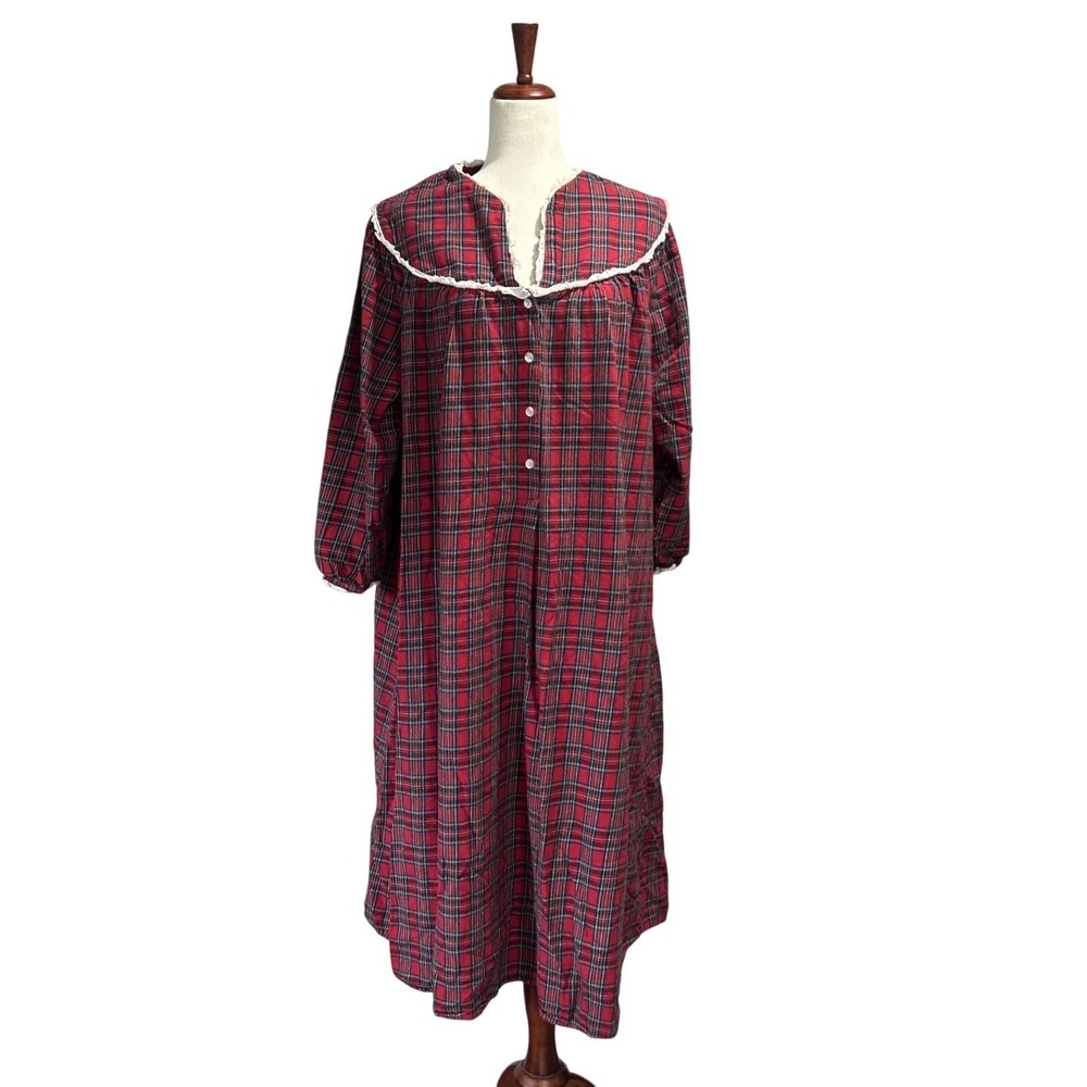 Lanz of Salzberg Women's Red Flannel Vintage VTG Christmas Nightgown Gown Robe